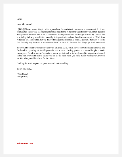 Letter to terminate employment due to workforce reduction