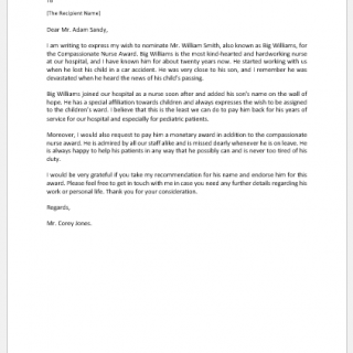 Letter Endorsing Compassionate Nurse for Award