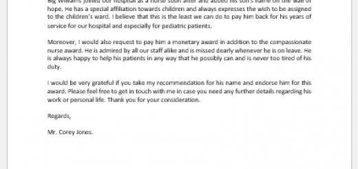 Letter Endorsing Compassionate Nurse for Award