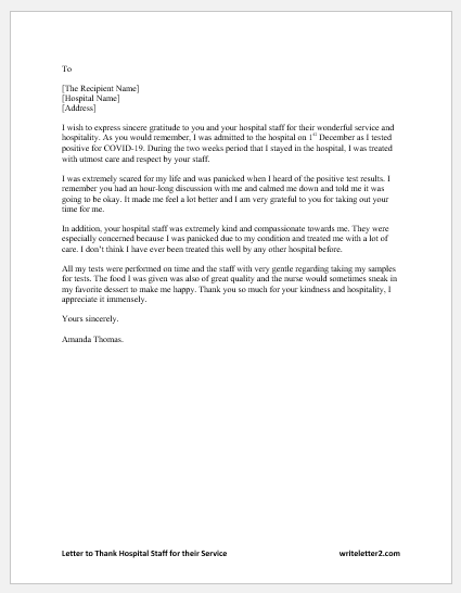 Letter to Thank Hospital Staff for their Service