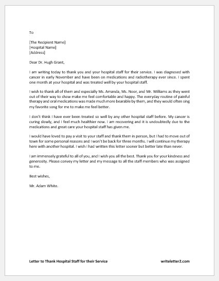 Letter to Thank Hospital Staff for their Service