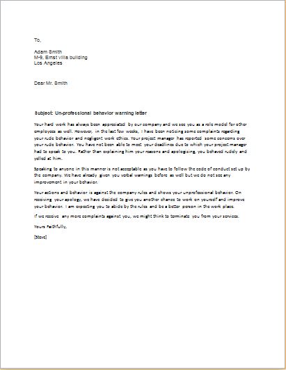 Warning letter for unprofessional behavior