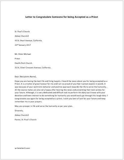 Letter to Congratulate Someone for being Accepted as a Priest
