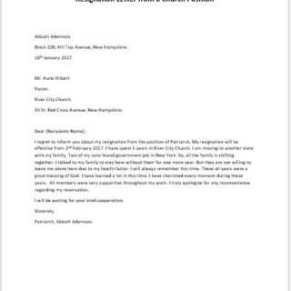 Resignation Letter from a Church Position