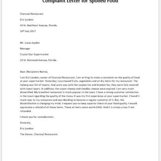 Complaint Letter for Spoiled Food