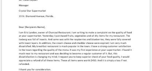 Complaint Letter for Spoiled Food