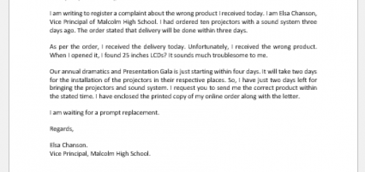 Complaint Letter for Wrong Product Delivered