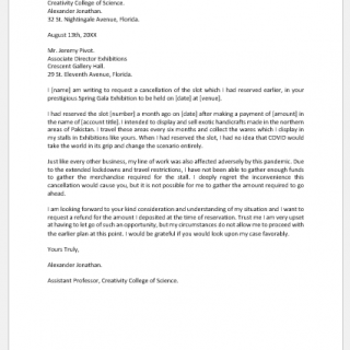 Letter to Cancel Exhibition Slot due to Financial Problems