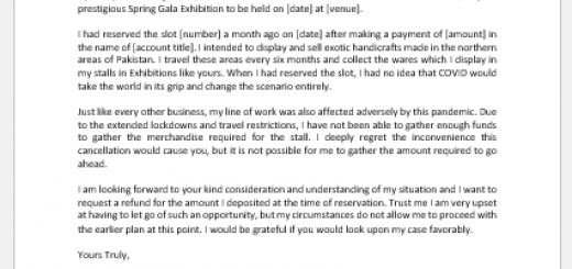 Letter to Cancel Exhibition Slot due to Financial Problems
