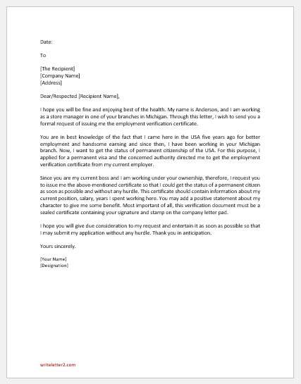Request Letter to Boss for Employment Verification Document