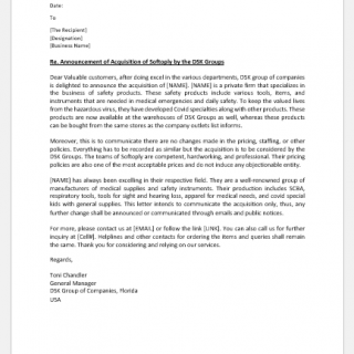 Acquisition Announcement Letter to Customers