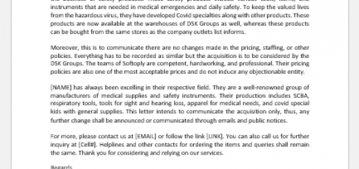Acquisition Announcement Letter to Customers