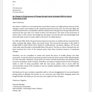 Change in pricing policy letter