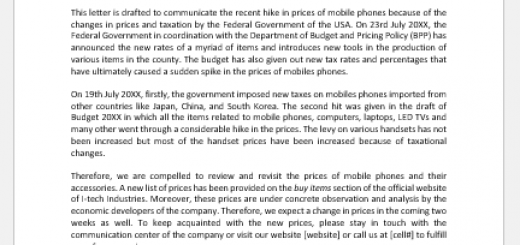 Change in pricing policy letter