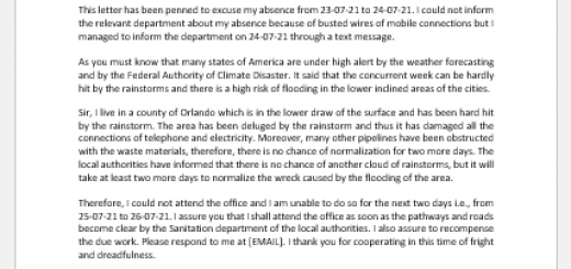 Excuse letter of absence due to bad weather