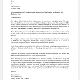 Holiday bonus letter to employees