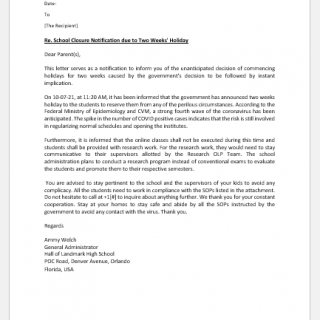 Letter informing parents of school closing for two weeks