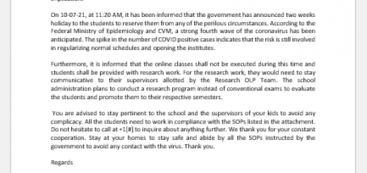Letter informing parents of school closing for two weeks