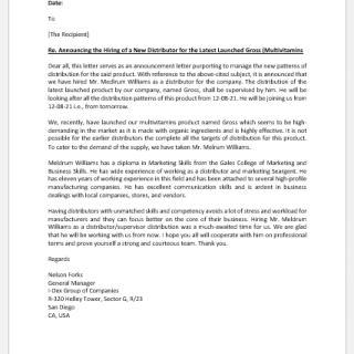 Announcement letter of new distributor