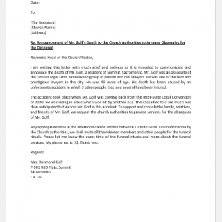 Death announcement letter to church