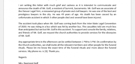 Death announcement letter to church