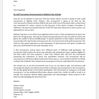 Golf tournament announcement letter