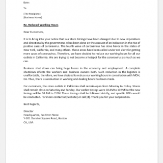 Reduced hours announcement letter