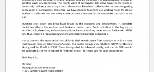 Reduced hours announcement letter