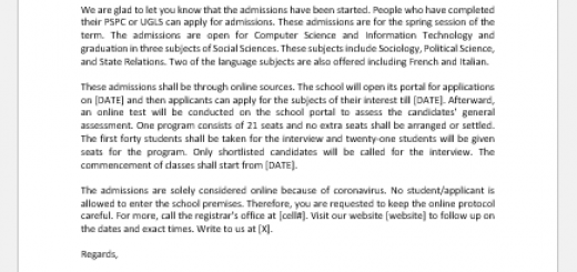 School Admission Announcement Letter