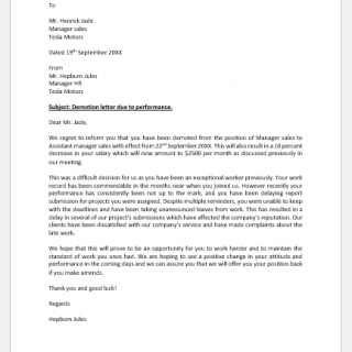 Demotion Letter due to Performance