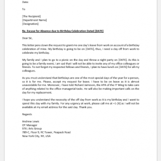 Excuse Letter for Absence due to Birthday Celebrations