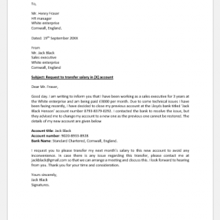Letter to HR to Transfer Salary in Another Account