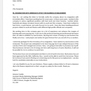 Resignation letter due to business opportunity