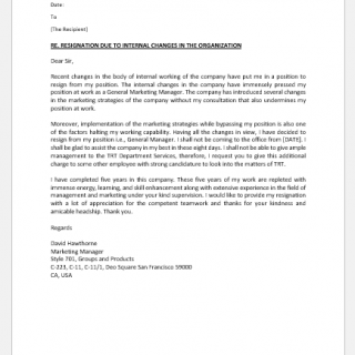 Resignation letter due to company changes