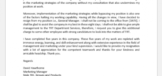 Resignation letter due to company changes