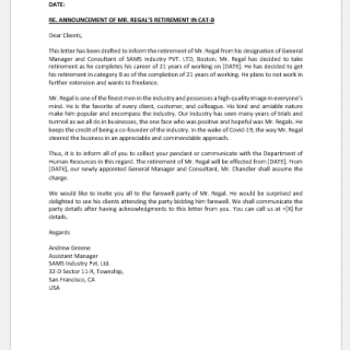 Retirement announcement letter to client