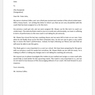 Complaint Letter to Principal about Coach