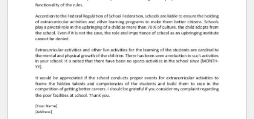 Complaint letter for poor facilities at school