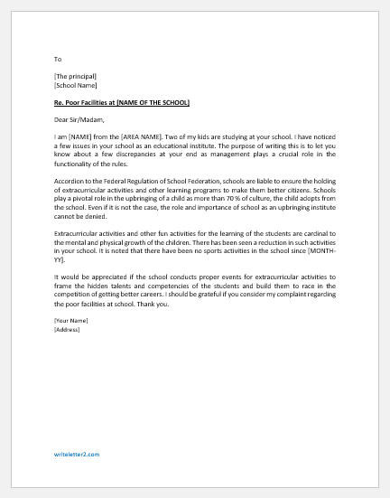 Complaint letter for poor facilities at school
