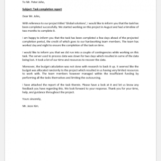 Email to manager for task has been completed successfully
