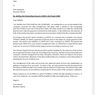 Letter for the settlement of the outstanding payment