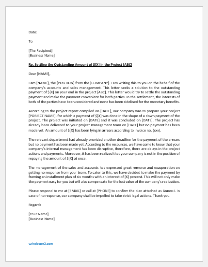 Letter for the settlement of the outstanding payment