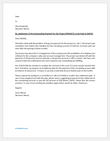 Letter for the settlement of the outstanding payment