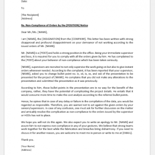 Letter of non-compliance to the order