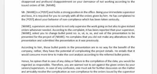 Letter of non-compliance to the order