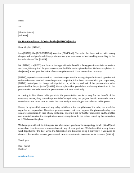 Letter of non-compliance to the order