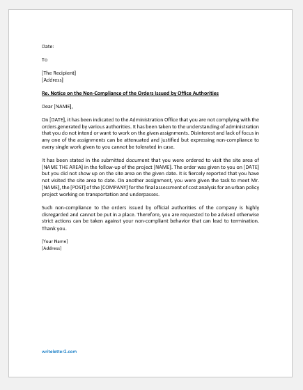 Letter of non-compliance to the order