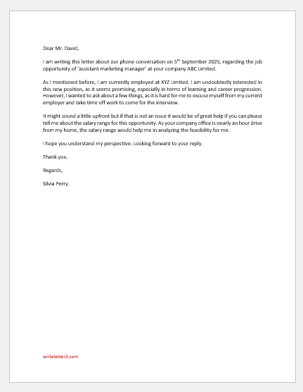 Polite Letter to Ask for a Salary Range Upfront