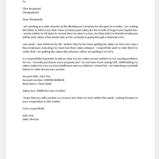 Request letter to company to clear dues