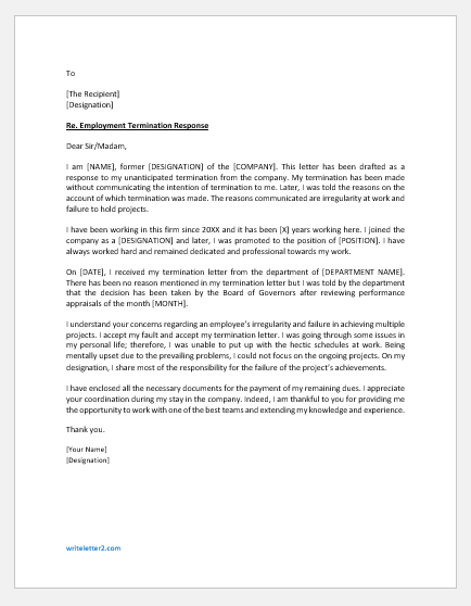 Response letter to termination of employment